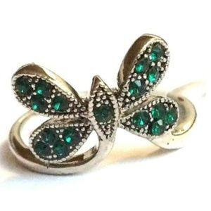 Crystal Butterfly Ring Size 6 7 8 Green Silver Rhodium Plated Insect Bug